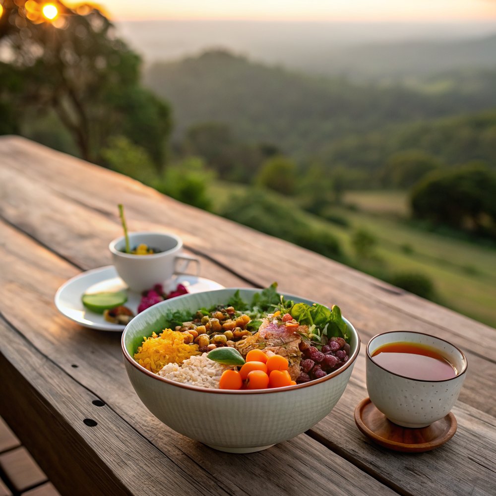 Retreat meal outdoors: grain bowl and herbal tea Healthy wellness retreat meal on an outdoor wooden table: colorful grain bowl and herbal tea with greenery behind