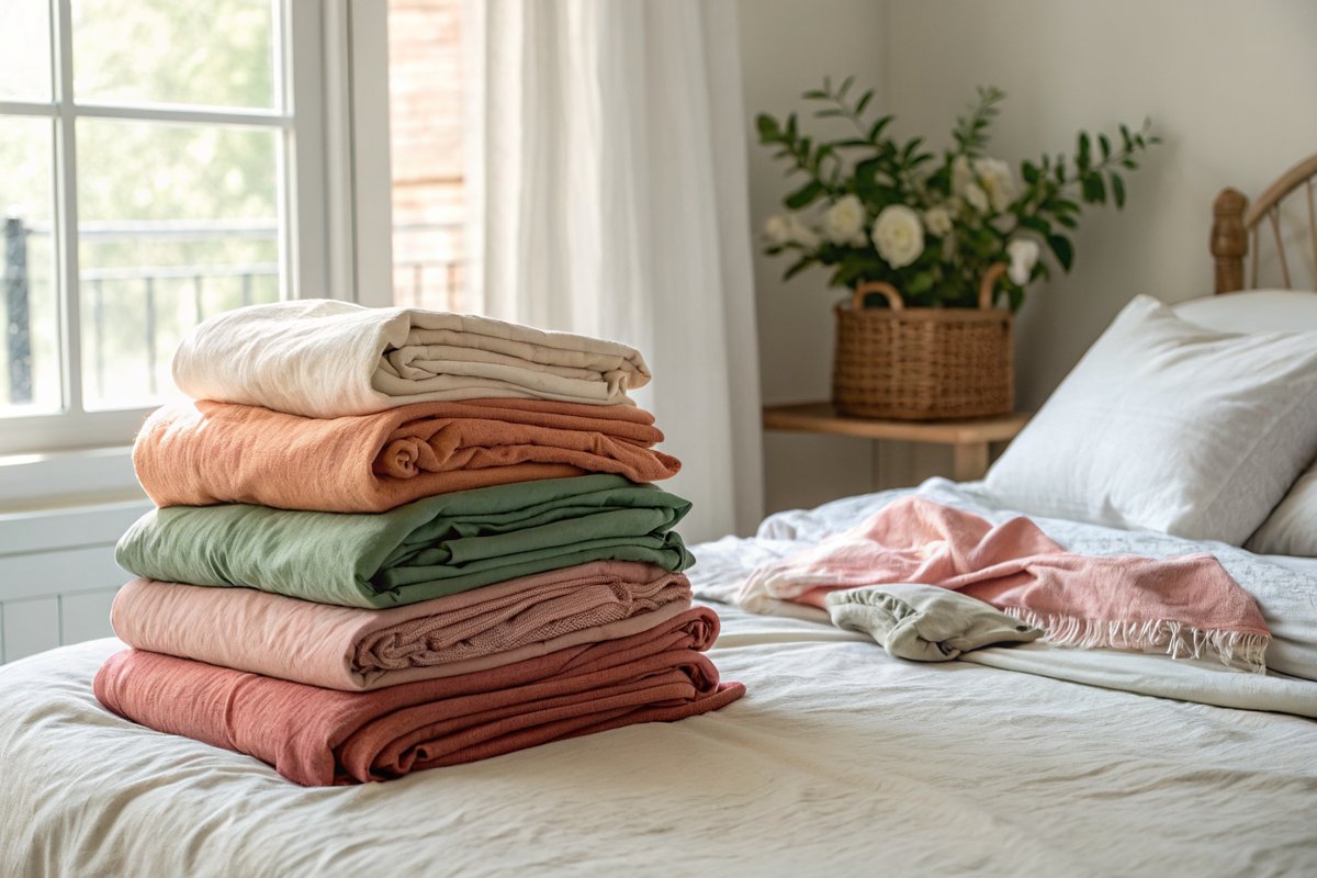 Fresh laundry folded in neat stacks on a linen bed during a Sunday reset