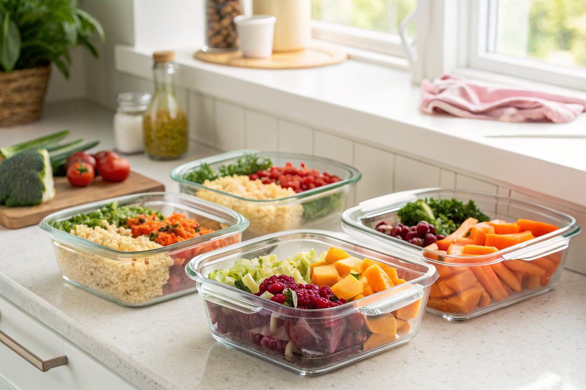 Glass meal prep containers filled with colorful fresh food on a clean kitchen counter for the week ahead