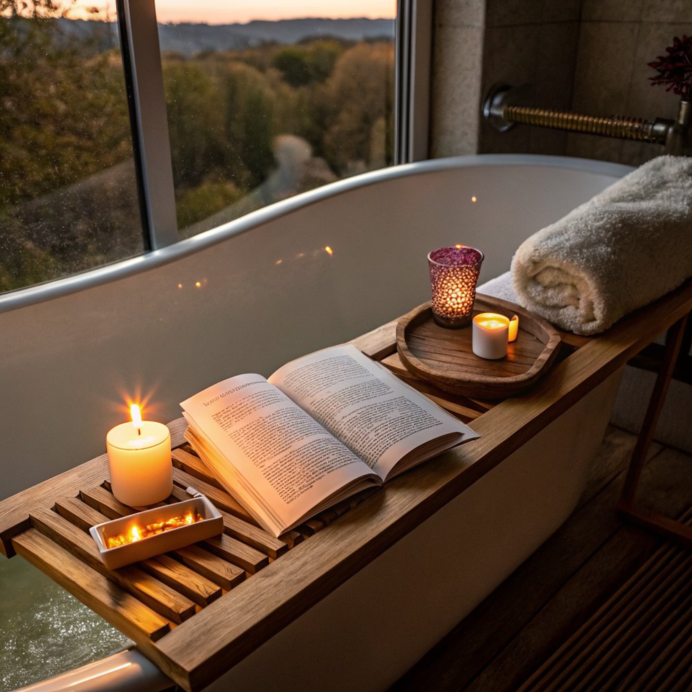 Evening bath with a lit candle, open book, and folded towel on a wooden bath tray in warm dim light