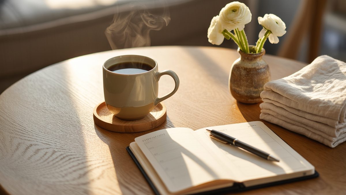 Sunday Reset Routine: Hour by Hour image 1 Sunday morning table with coffee, an open paper planner and folded clean laundry in soft light