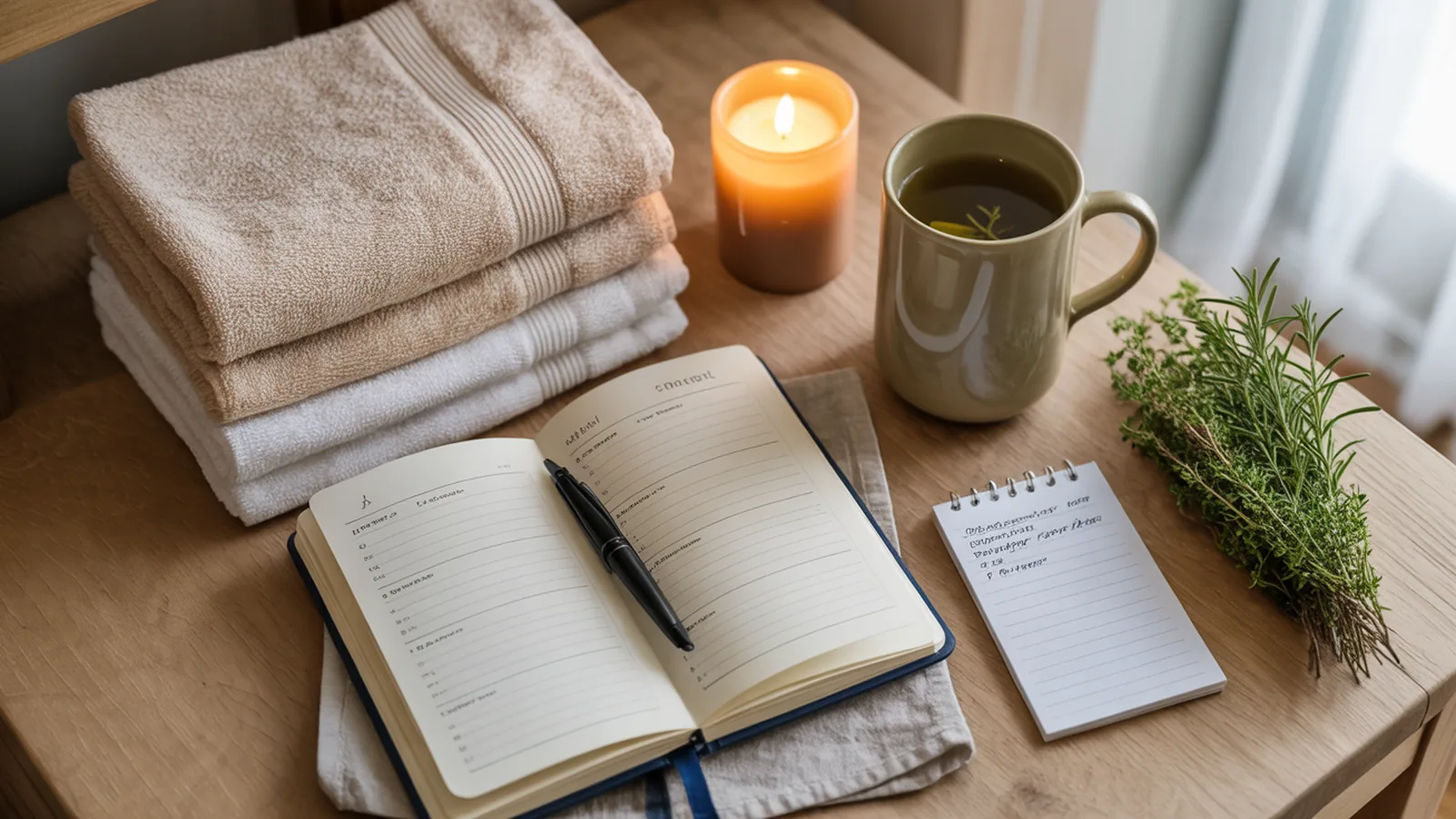 Overhead view of a Sunday reset in progress with towels, a planner, a grocery list and herbs