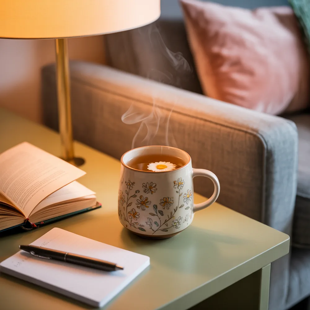 Evening wind-down with herbal tea, a folded throw blanket, a candle and a paperback book