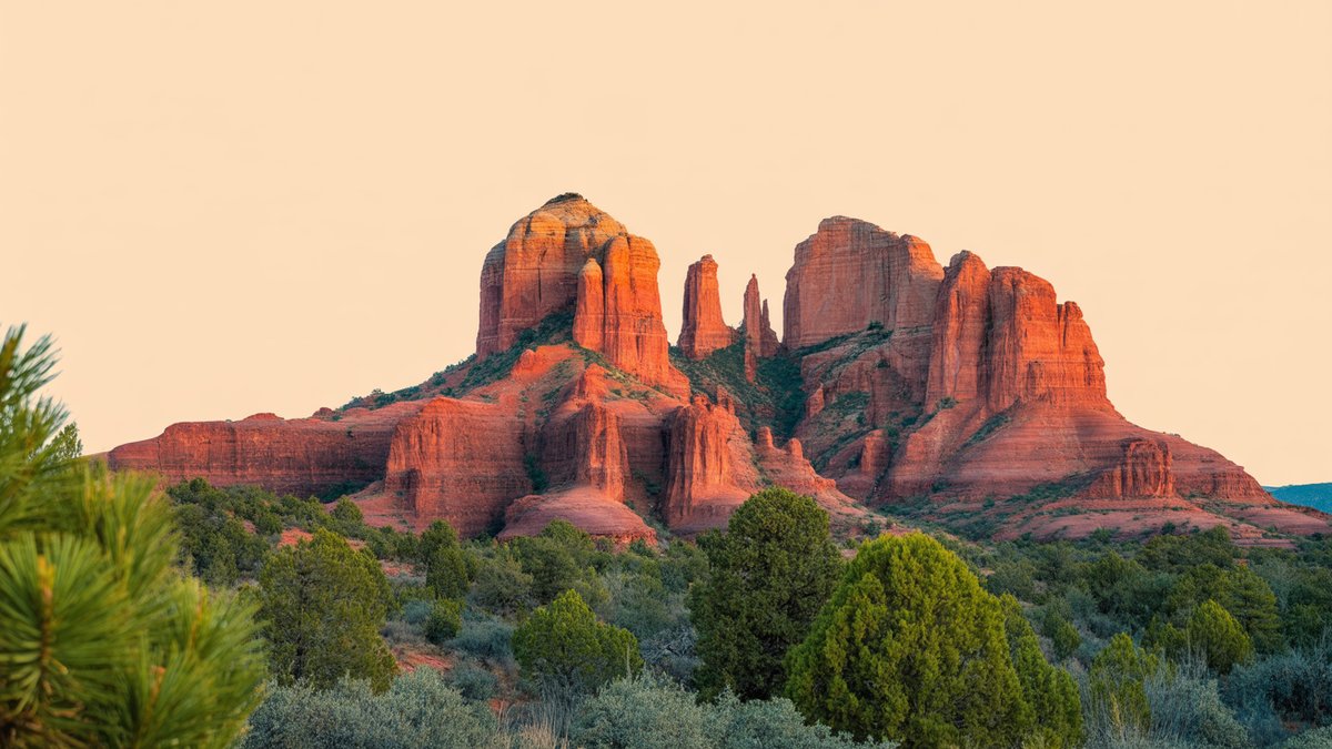 Red rock canyon at golden hour, the kind of Arizona weekend view that slows you down Red rock canyon glowing warm at golden hour in Sedona, Arizona, with desert scrub in the foreground and a soft blue sky above