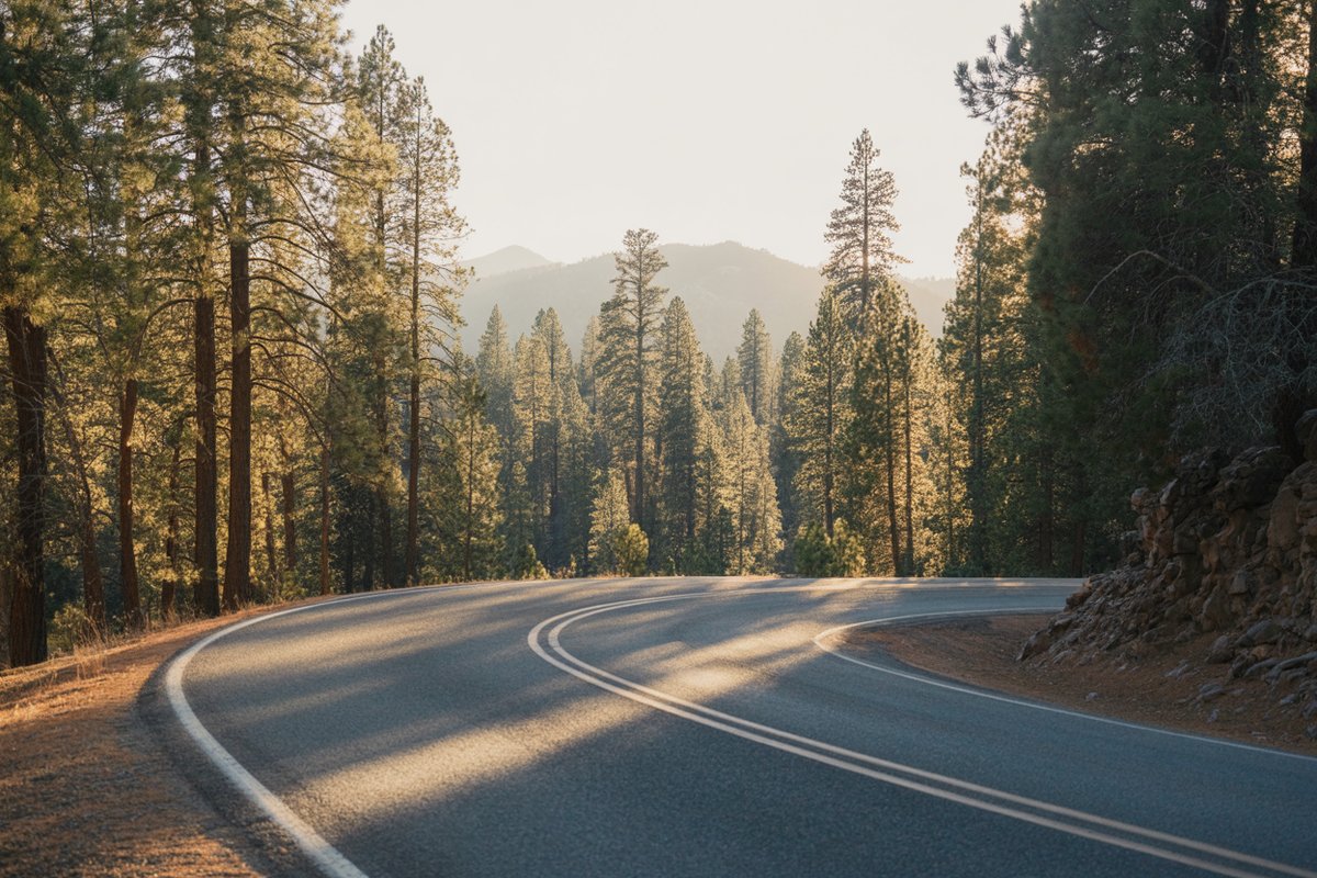 A pine forest road in northern Arizona, the slow drive between desert and mountains A quiet two-lane road curving through a pine forest with tall green trees on both sides and dappled afternoon light on the pavement