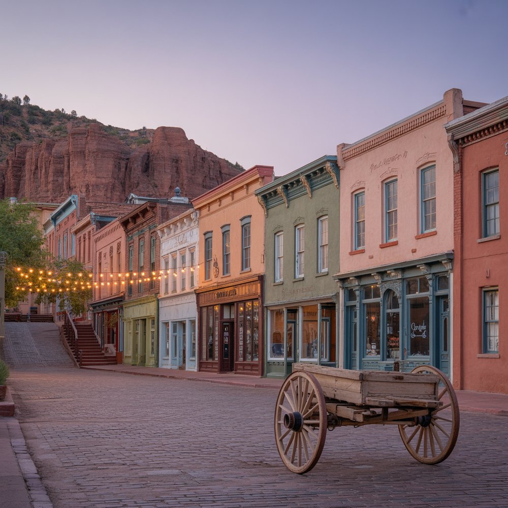 A small Arizona desert town settling into the evening, the slow side of a weekend getaway A quiet desert town street at dusk with low adobe-toned buildings, warm window light, and rugged red hills rising behind it