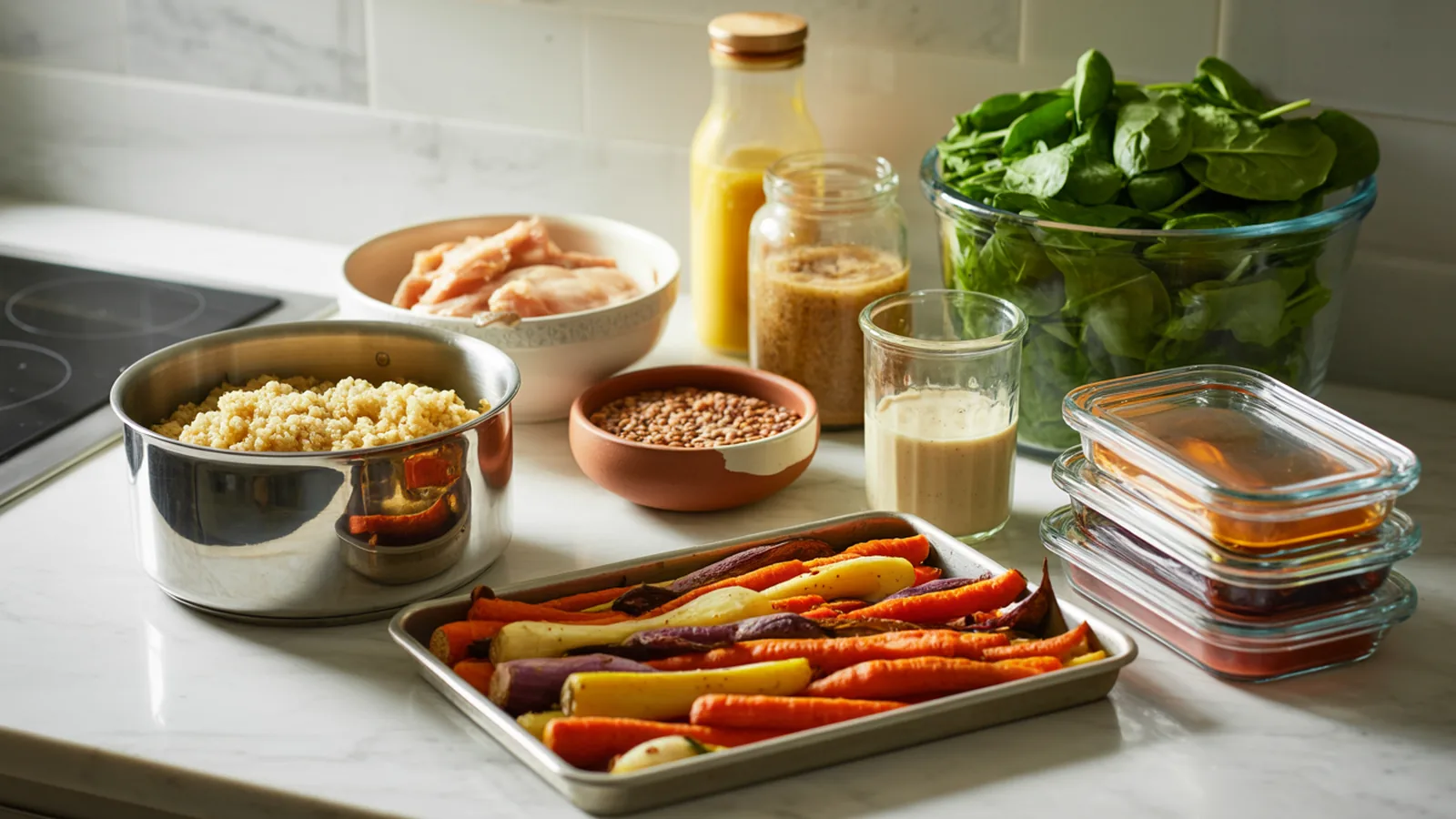 Overhead view of a week of meal prep components grouped by type on a white marble counter