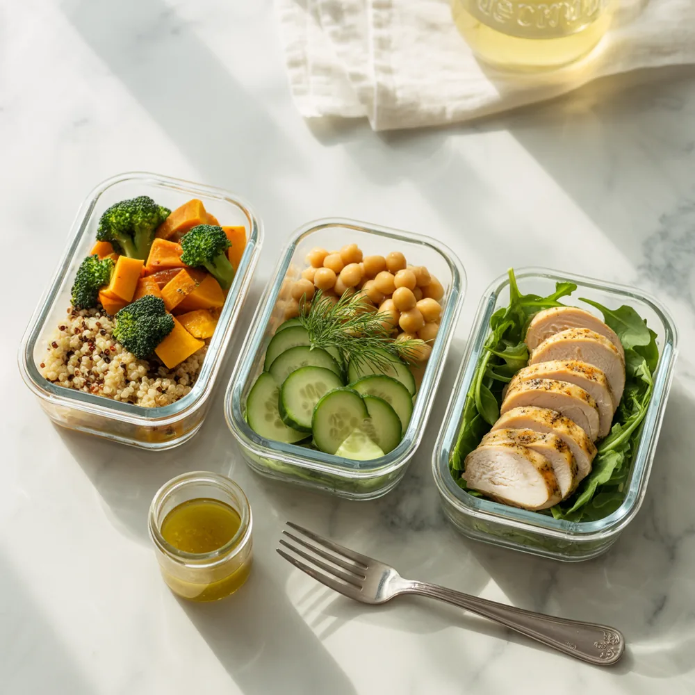 Three glass containers holding different meals built from the same cooked components