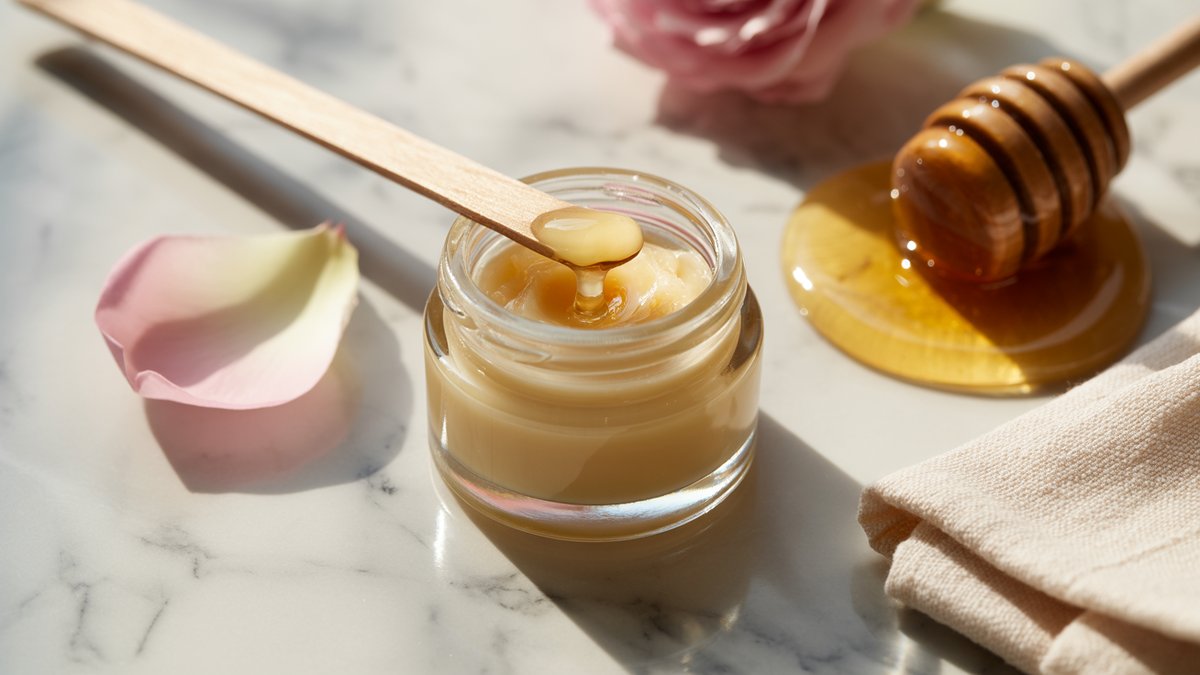 An open jar of glossy clear lip mask balm with a honey dipper and a soft pink rose petal on a marble vanity