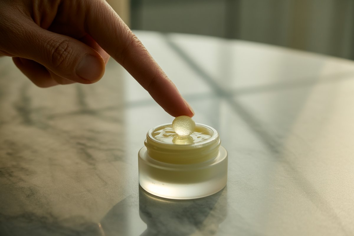 A fingertip with a glossy dot of clear lip mask balm above an open frosted glass jar