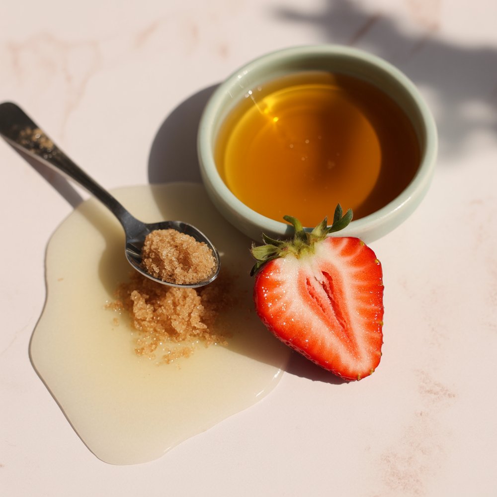 Honey, coconut oil, brown sugar and a strawberry arranged as homemade lip mask ingredients on marble