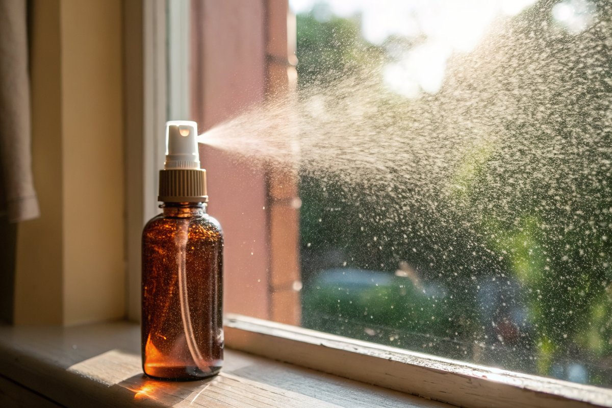 Facial mist being sprayed with fine water droplets suspended in soft backlight