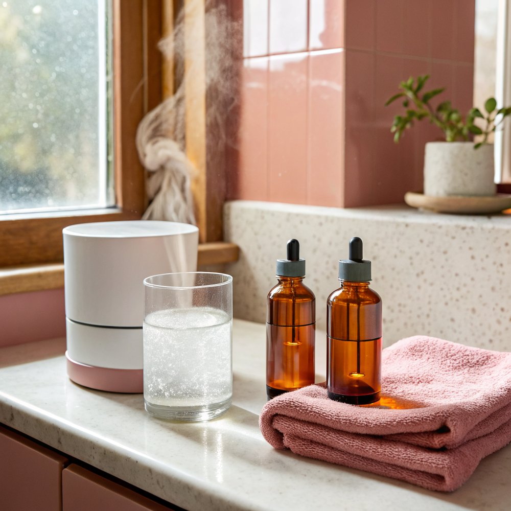 Minimalist bathroom counter with a glass of water, small humidifier, and skincare bottles in a calm morning scene