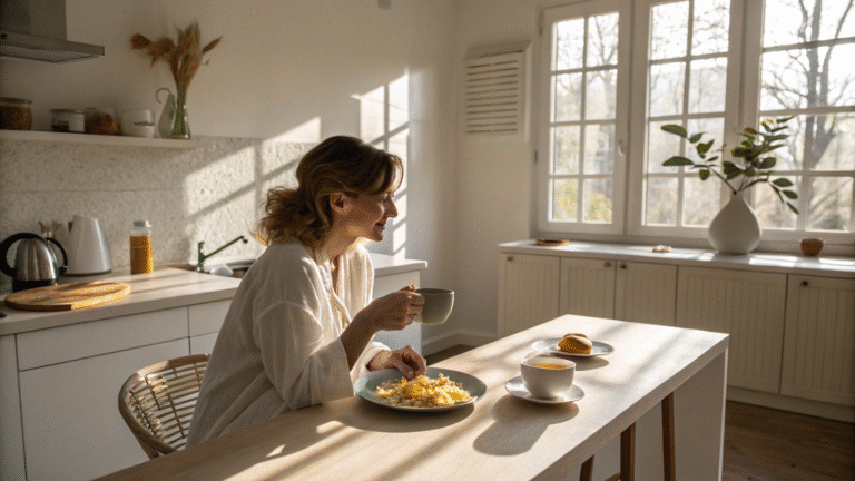 2 eggs scrambled nutrition breakfast in warm morning light
