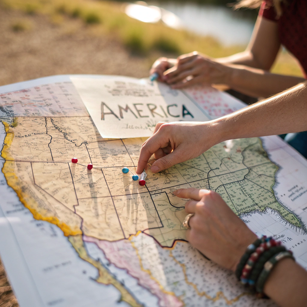 Hands writing on an america travel map