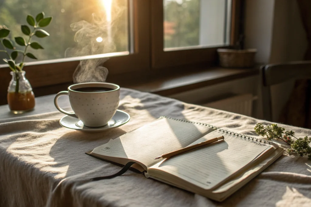 Brew up wellness ritual with journal and warm tea on linen table