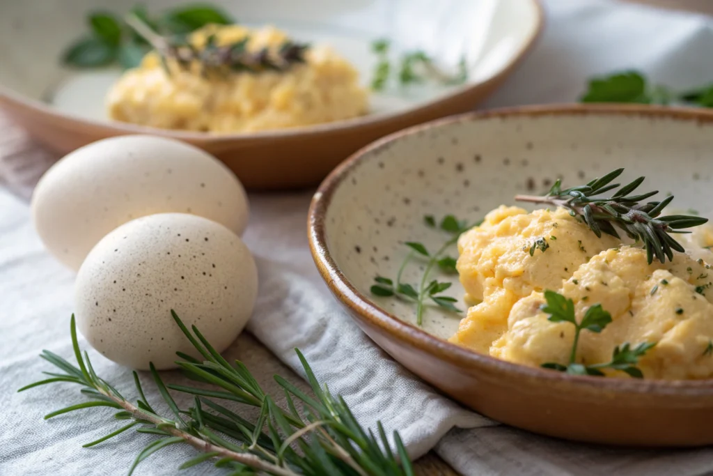 Close-up of 2 eggs scrambled nutrition on rustic plate