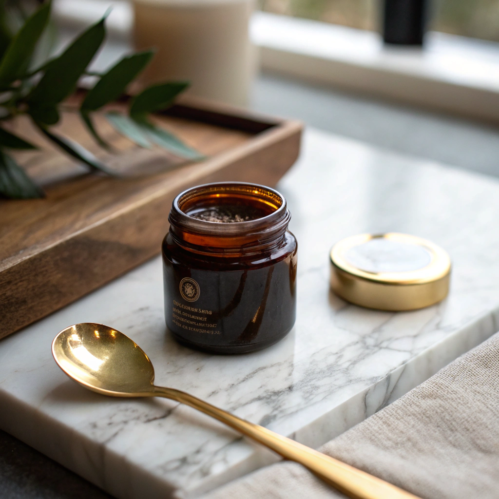 Jar of Wellness Nest Shilajit resin glowing in sunlight