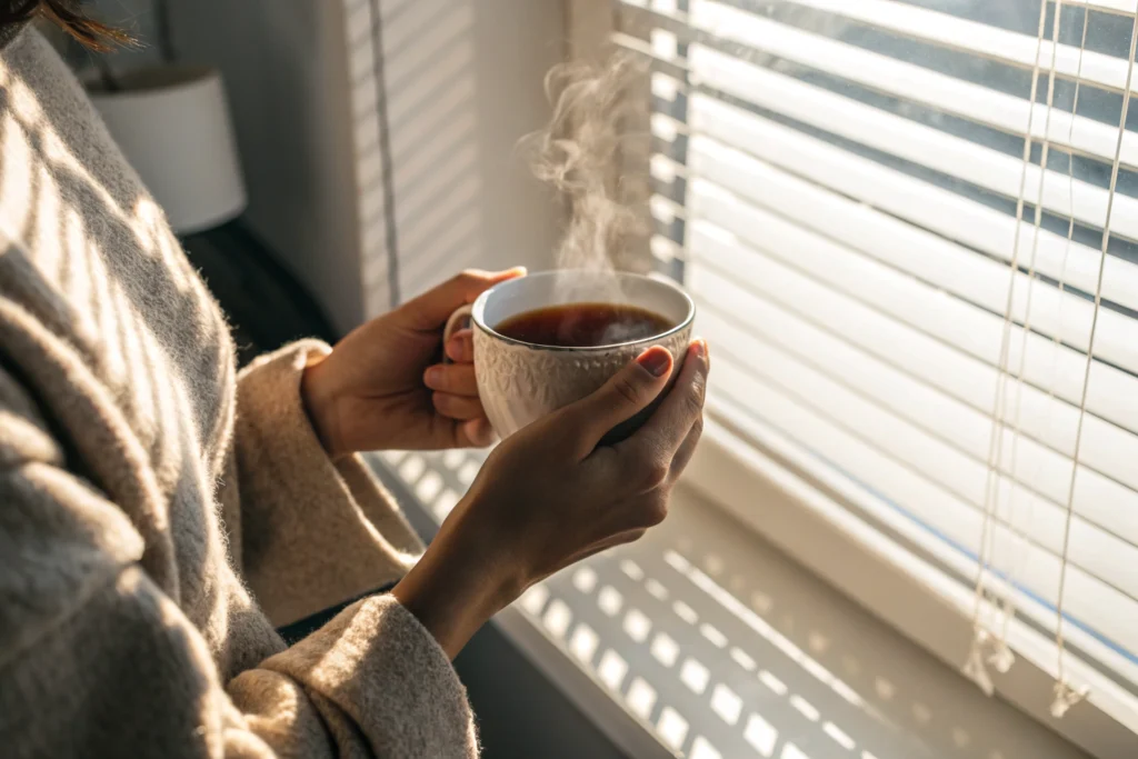 Hands holding a warm cup of Wellness Nest Shilajit tea