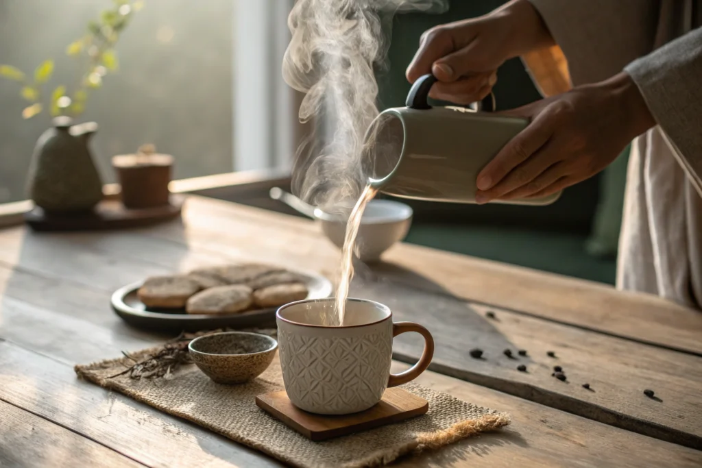 Pouring hot water into a ceramic mug as part of the brew up wellness ritual