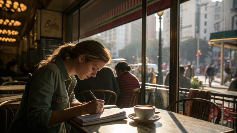 Sabrina writing her argentina travel itinerary in Buenos Aires