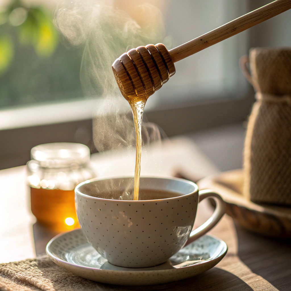 Honey dripping into a cup as part of the brew up wellness ritual