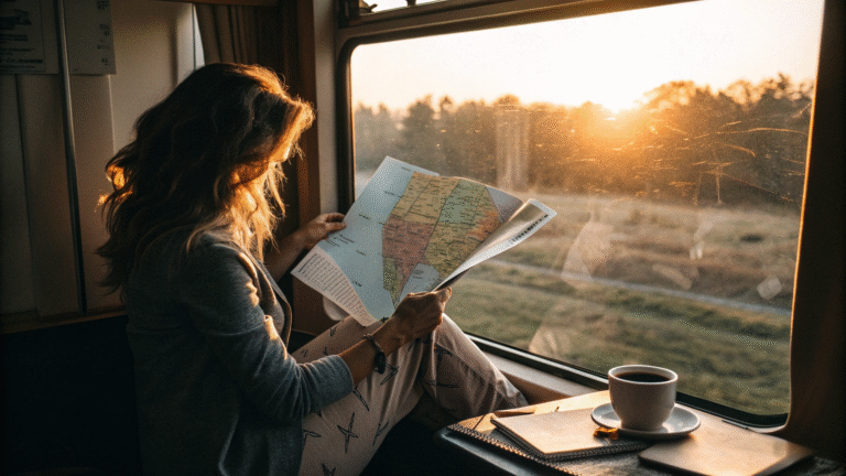 Woman studying an america travel map in morning light