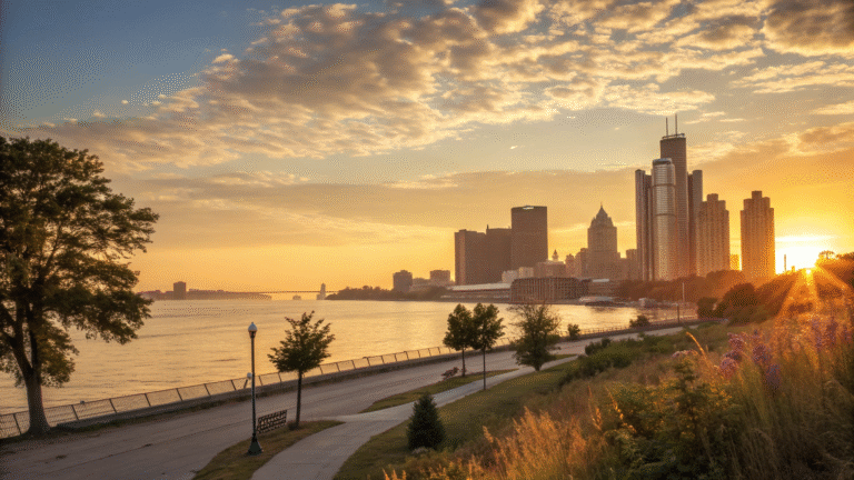 A Beautiful Noise Detroit – sunrise over Detroit skyline