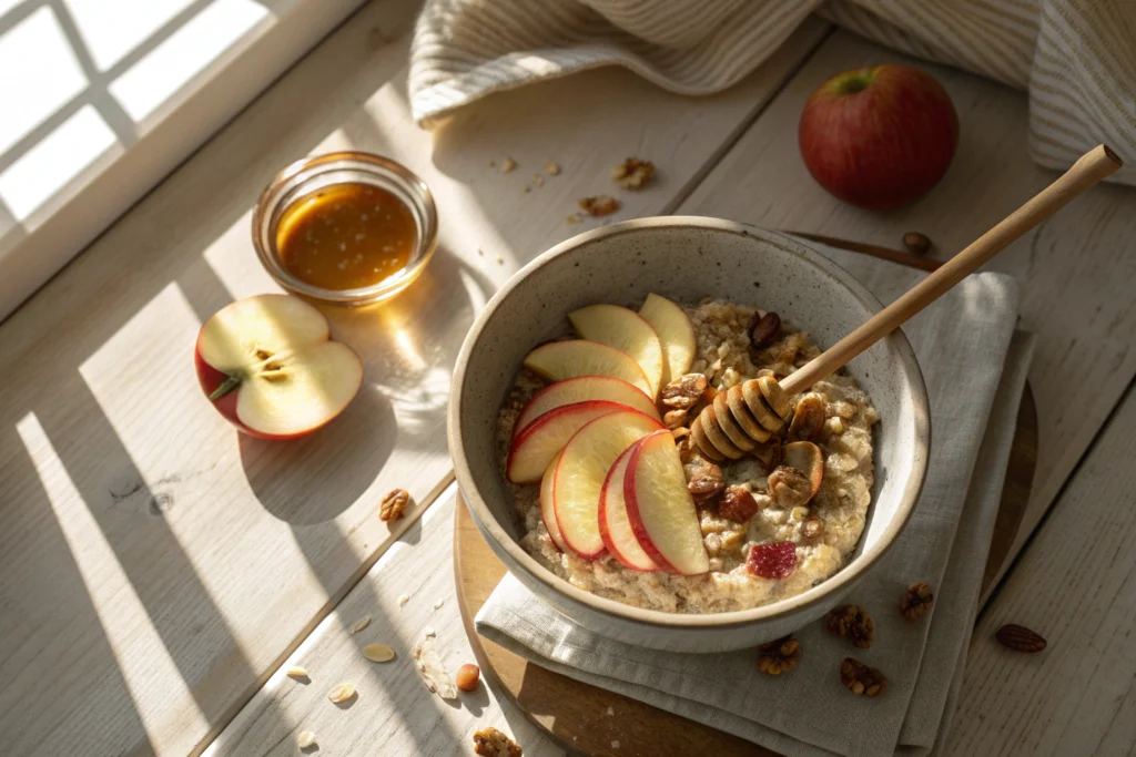 mindful breakfast bowl with oats and fruit