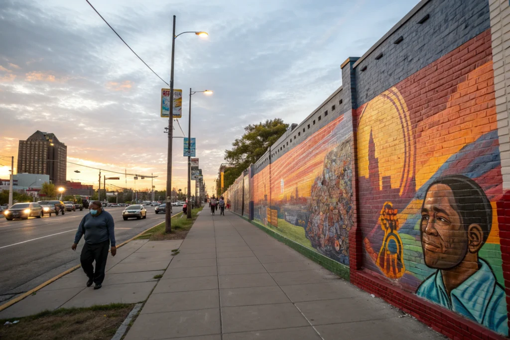 Detroit street mural symbolizing rebirth